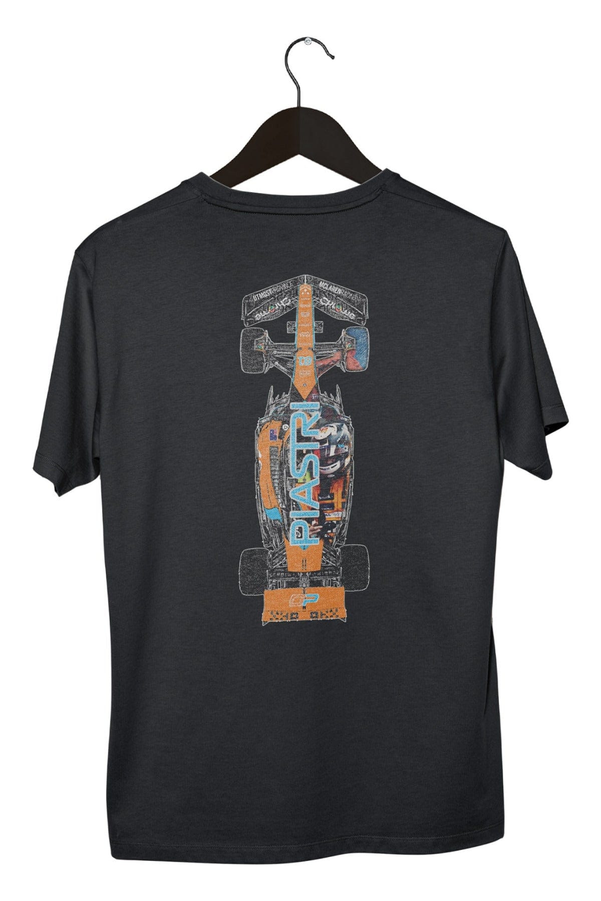 Black Oscar Piastri inspired Mclaren F1 shirt, featuring Utmost Province's exclusive graphic design on the back.