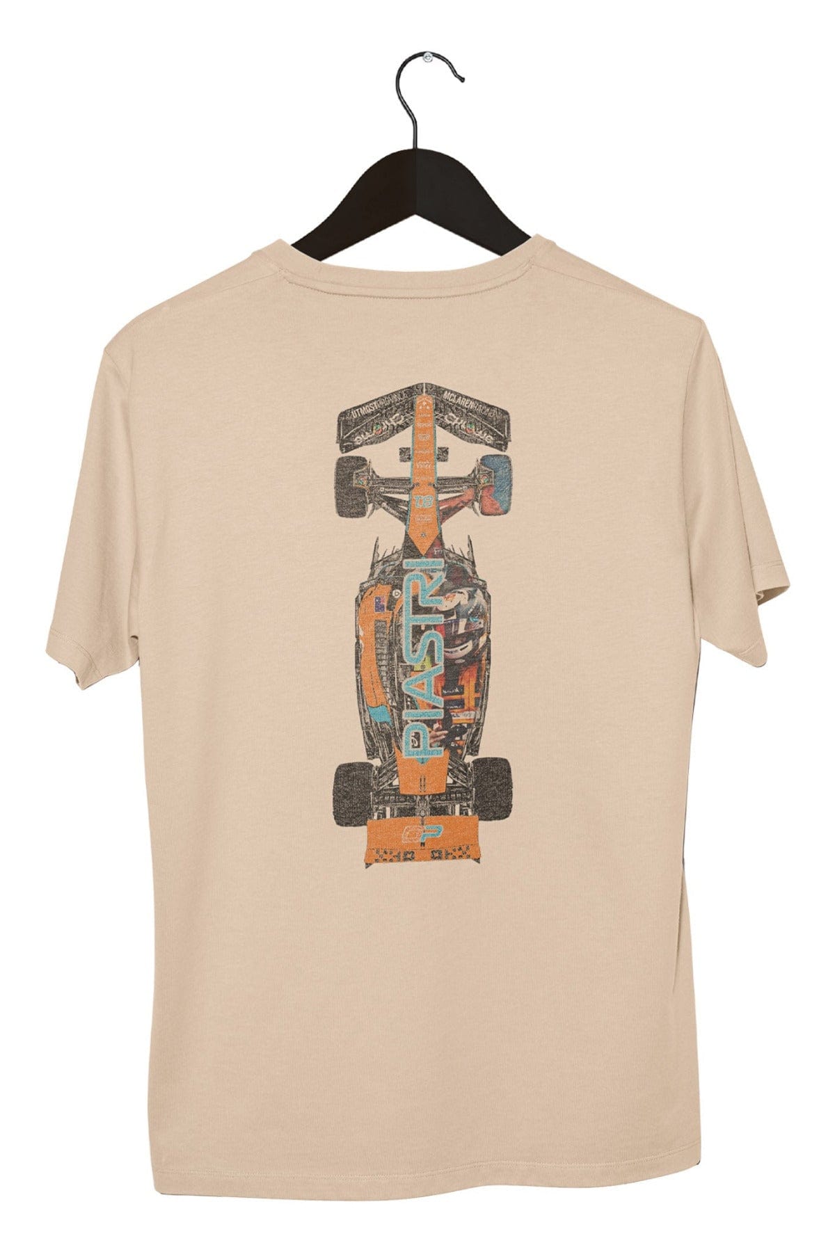 Back of an Ivory Comfort Colors shirt on a hanger with a Mcalren F1 inspired graphic design.