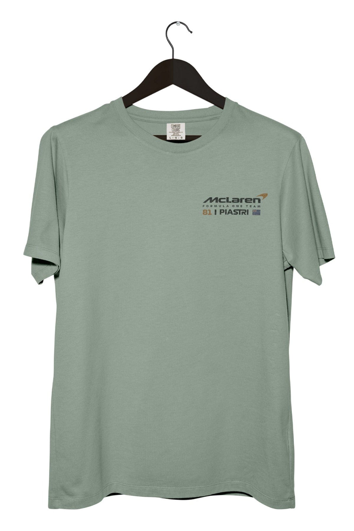 Front of a Bay Comfort Colors shirt with a Mclaren F1 custom logo on the front.