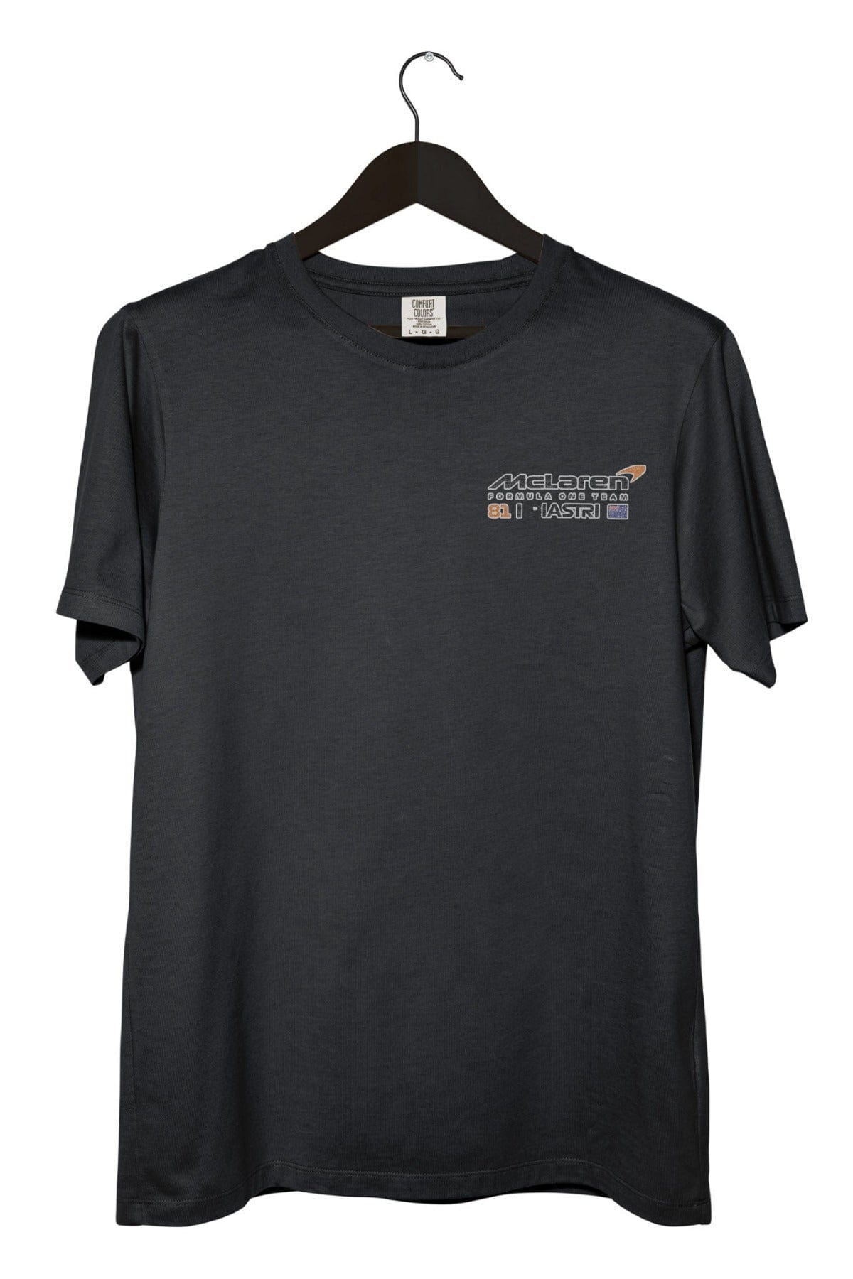 Black Oscar Piastri F1 Mclaren T Shirt, showcasing the front of the graphic tee.