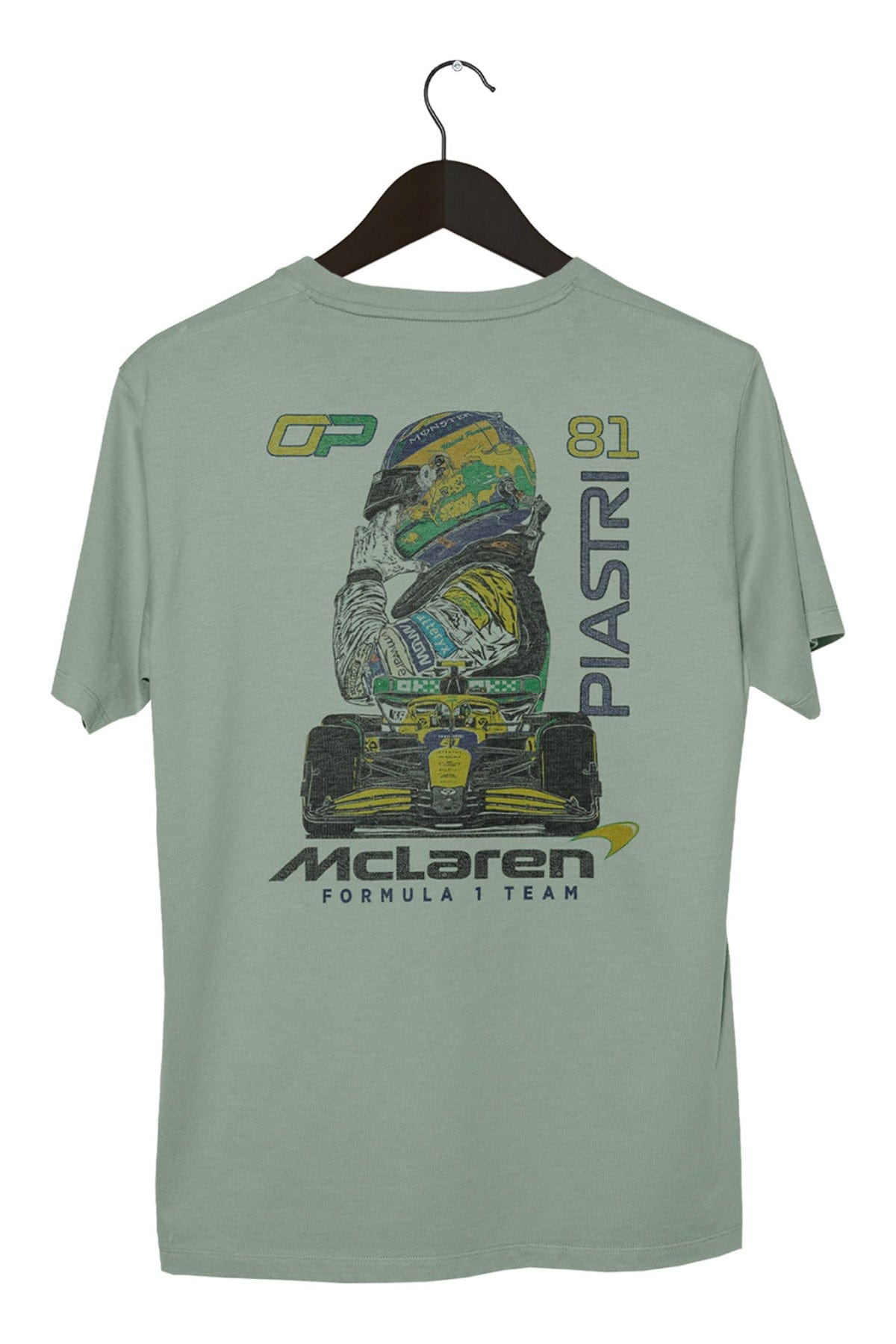 Custom Oscar Piastri Mclaren F1 shirt in Bay, on a hanger with a white background.