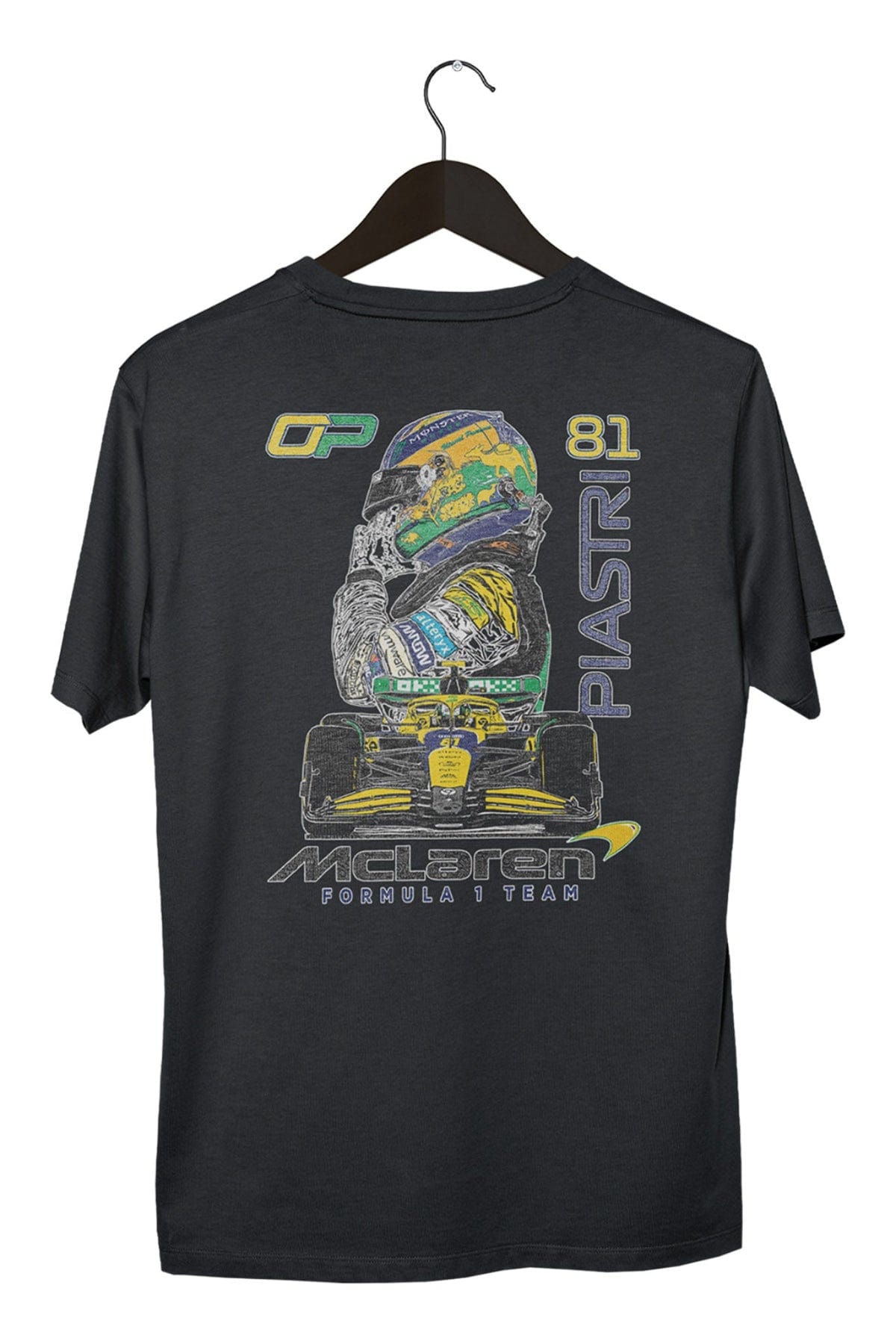 Custom Oscar Piastri Mclaren F1 shirt in Black, on a hanger with a white background.