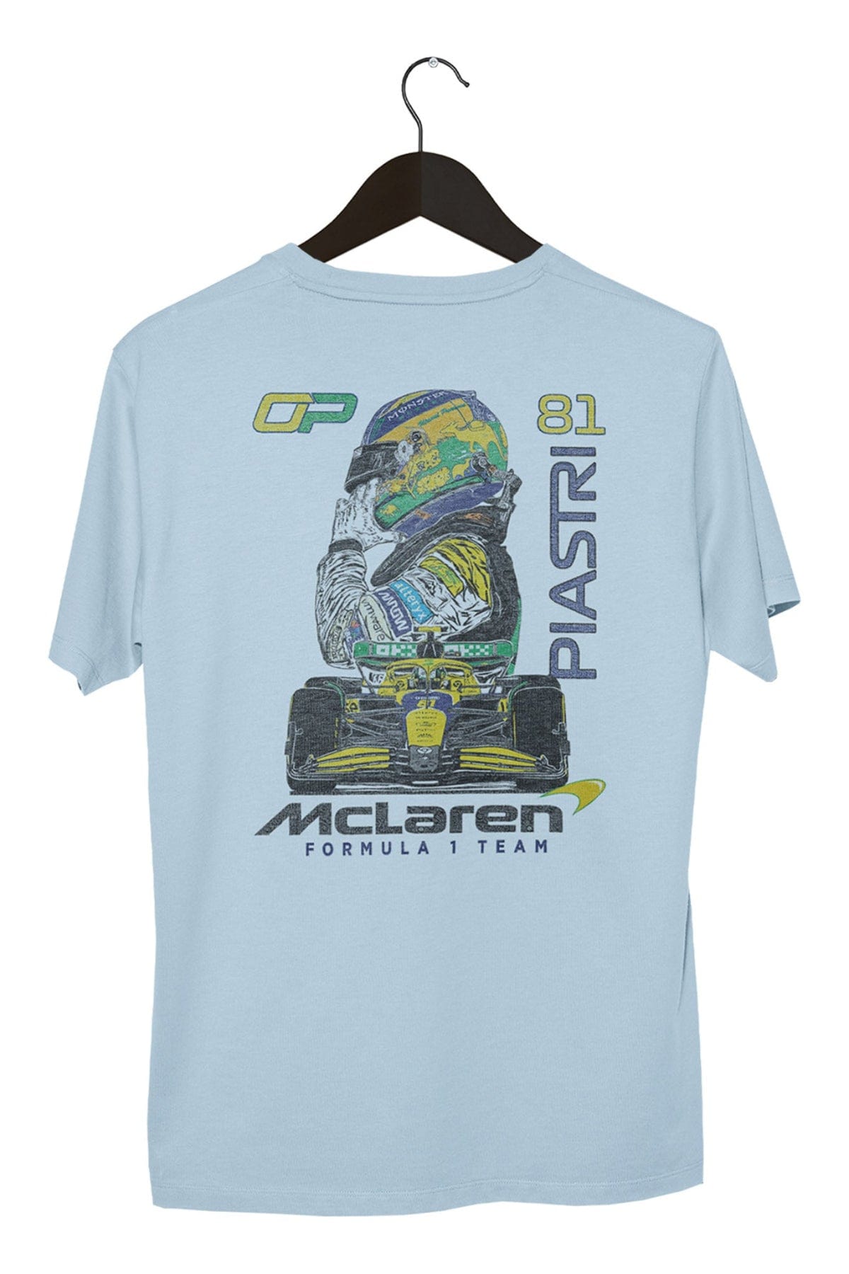 Custom Oscar Piastri Mclaren F1 shirt in Chambray, on a hanger with a white background.