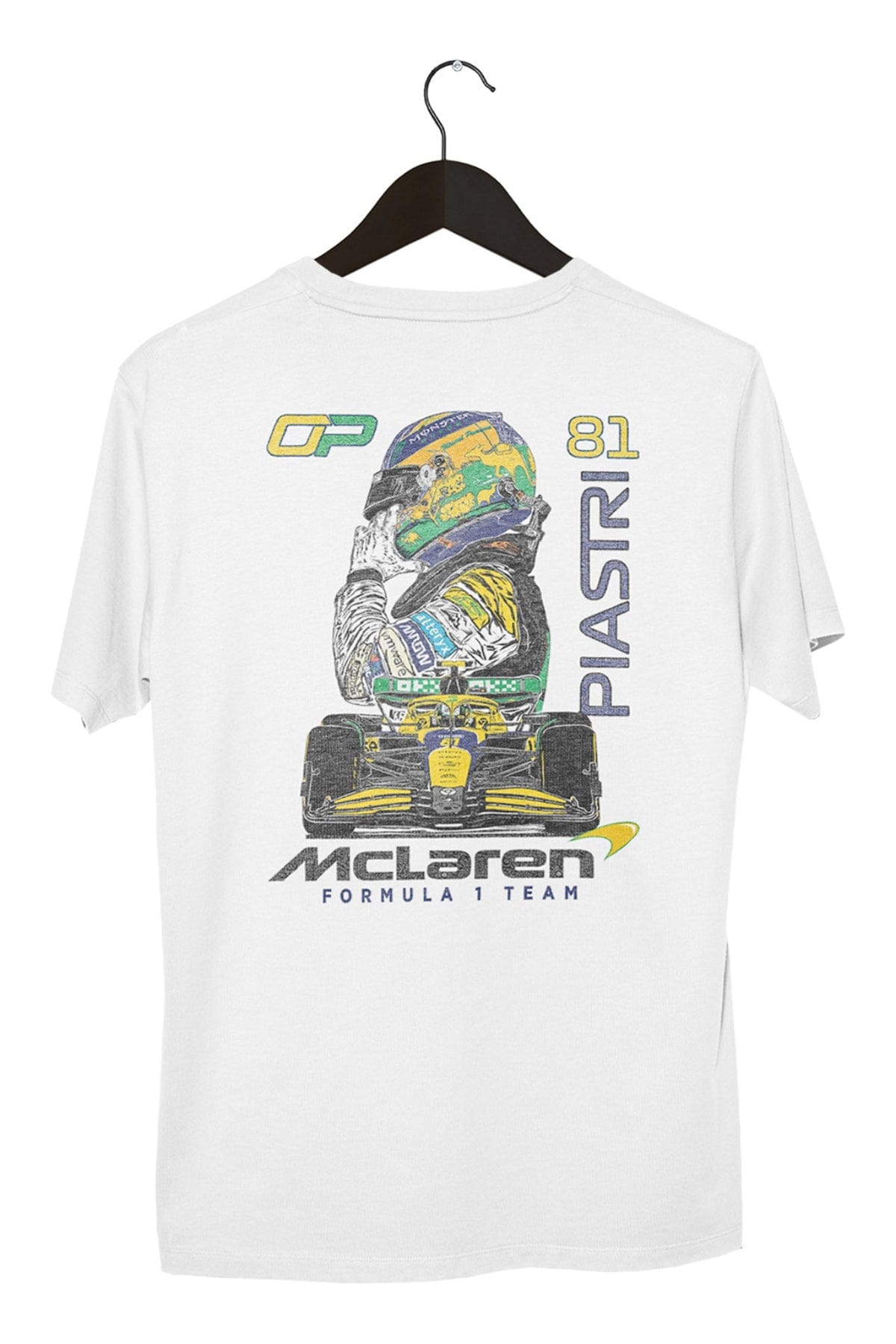 Custom Oscar Piastri Mclaren F1 shirt in White, on a hanger with a white background.
