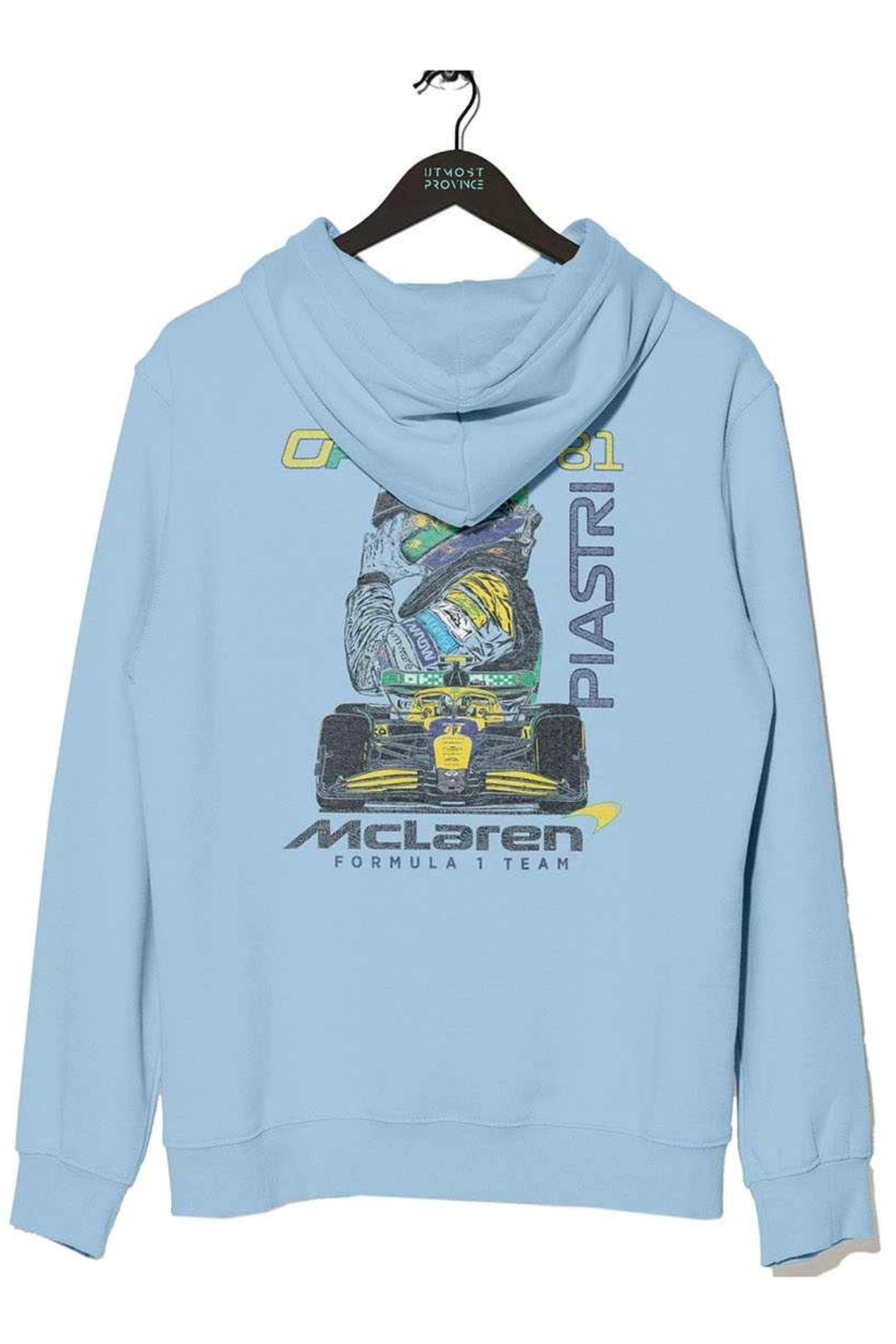 Light blue hoodie with a custom Oscar Piastri inspired graphic design printed DTG on the back.