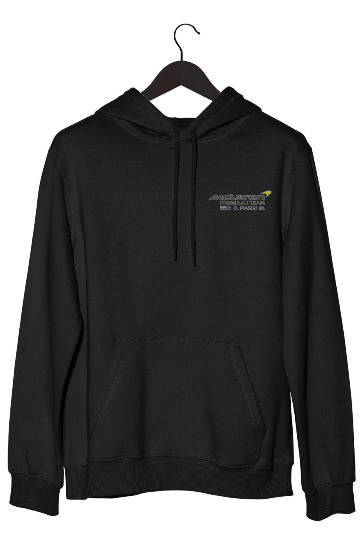 Front of a black hoodie, featuring a custom Mclaren F1 logo inspired by Oscar Piastri.
