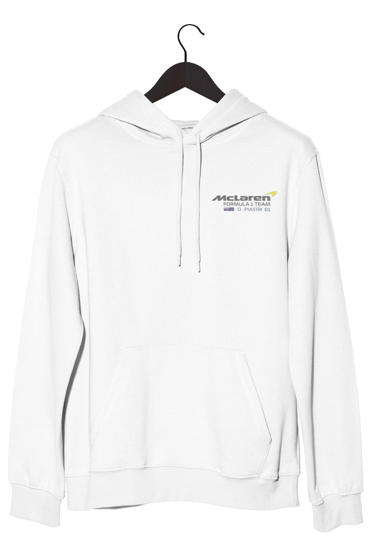 Front of a white hoodie, featuring a custom Mclaren F1 logo inspired by Oscar Piastri.