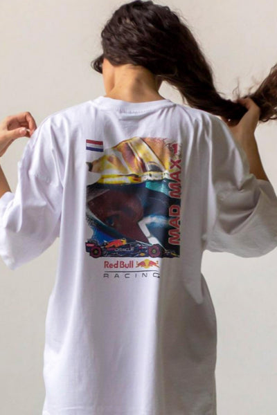 Short 3-4 second clip of Utmost Province exclusive Retro Red Bull F1 t-shirt, revealing the graphic design on the back.