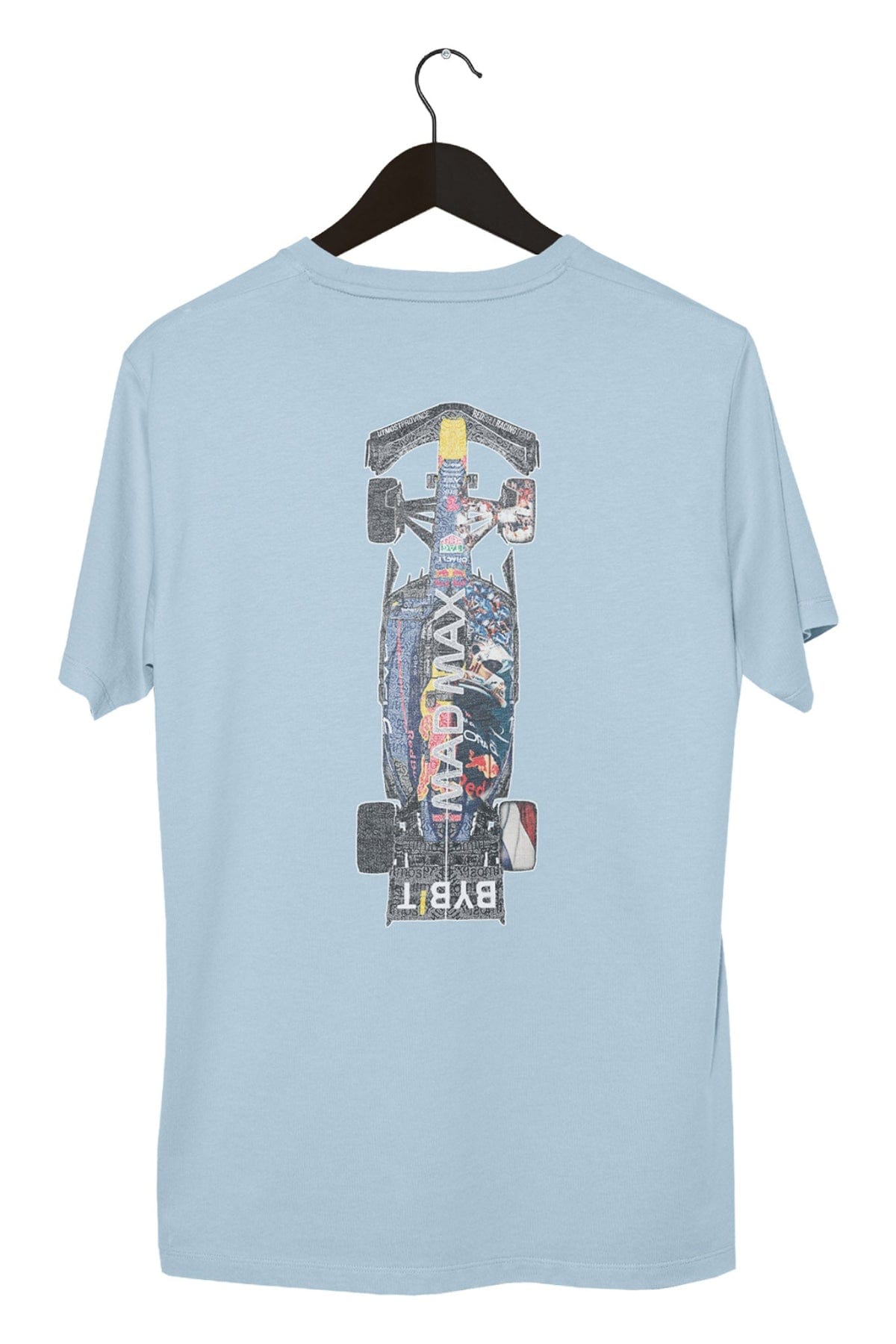 Back of a Chambray colored Comfort Colors shirt, highlighting Utmost Province custom Red Bull F1 graphic design.