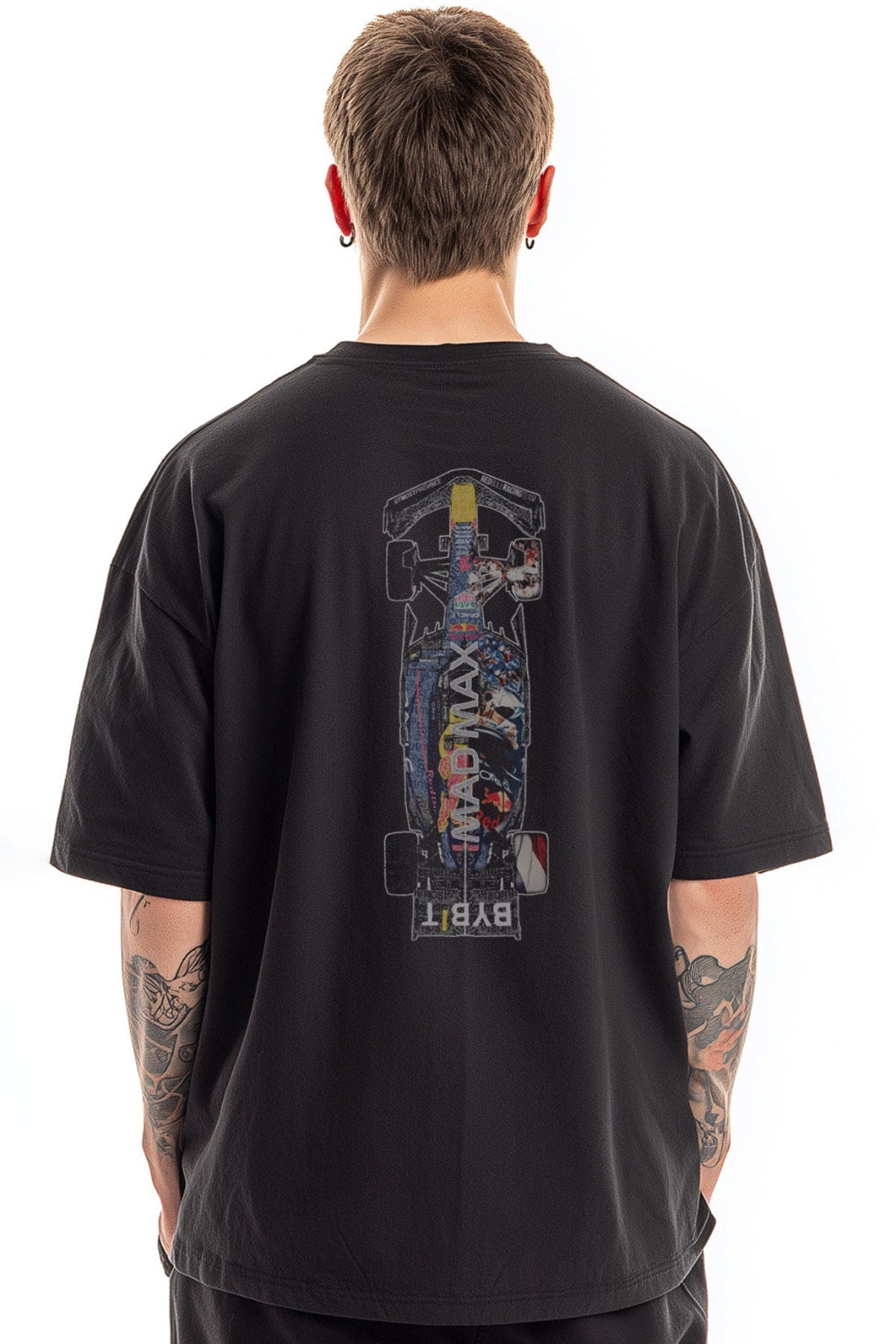 Man wearing a black shirt featuring a custom Red Bull F1-inspired graphic design on the back.