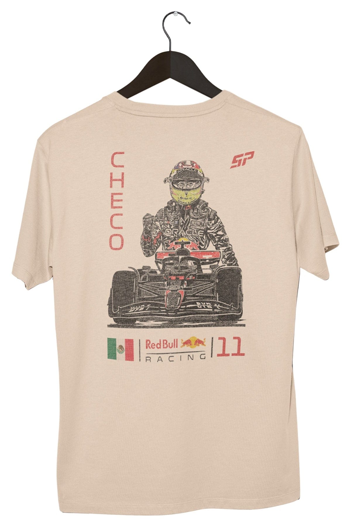 Custom Red Bull F1 Checo Perez shirt on a black hanger with a white background, showcasing the graphic design printed on a Ivory Comfort Colors shirt.