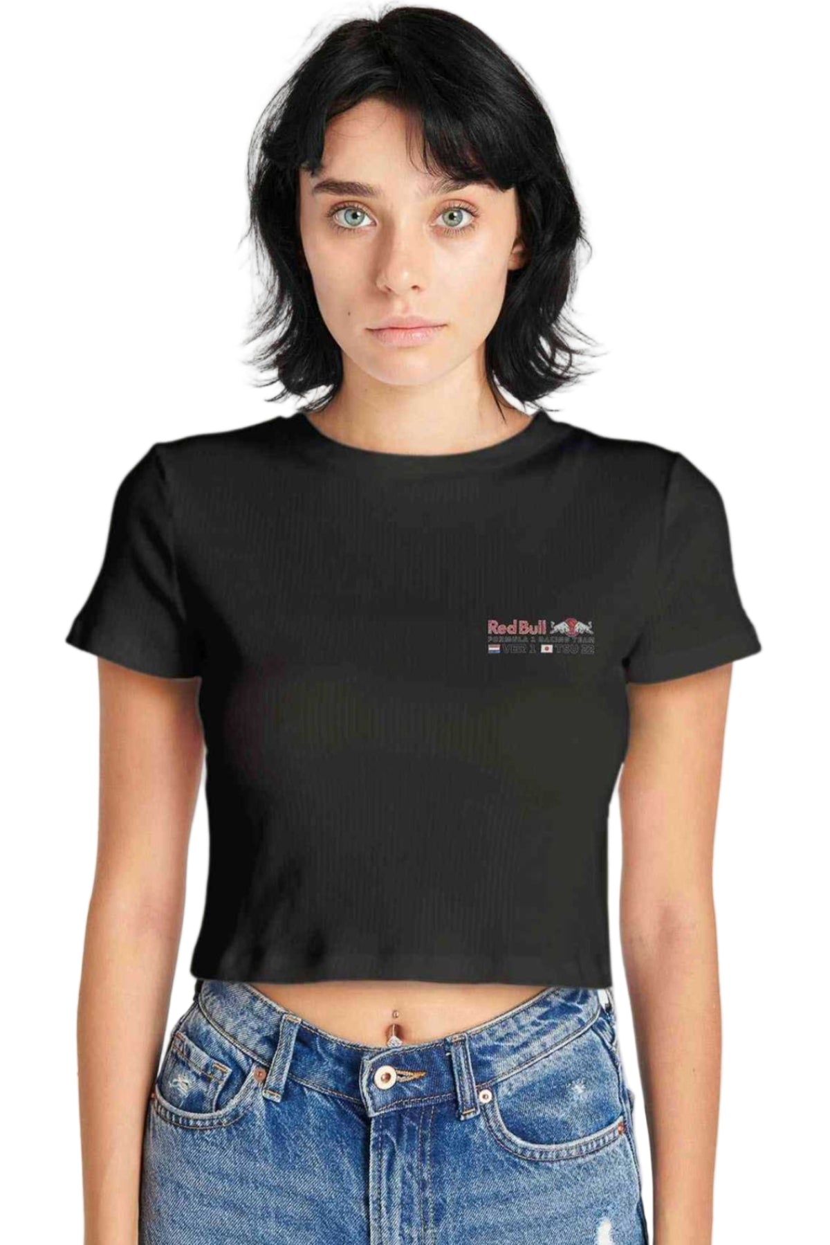 Person wearing a black crop top with a custom Red Bull F1 logo on the front.