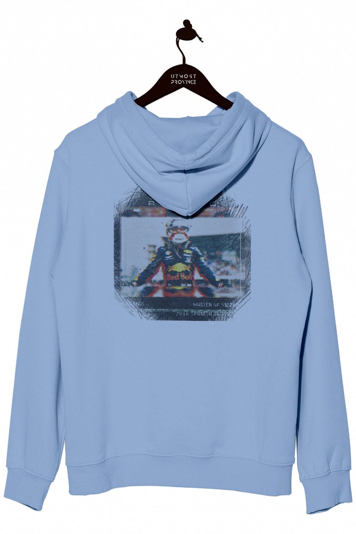 Back of a light blue Gildan hoodie with a custom Red Bull F1 graphic design.