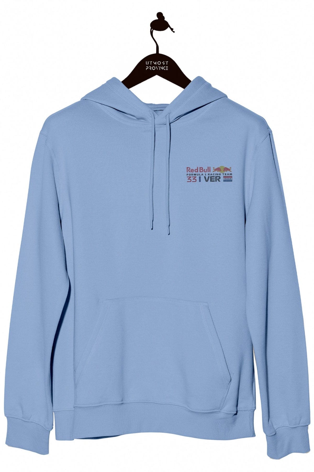 Front of a light blue Gildan fleece hoodie, featuring a custom Red Bull Racing logo designed by Utmost Province.