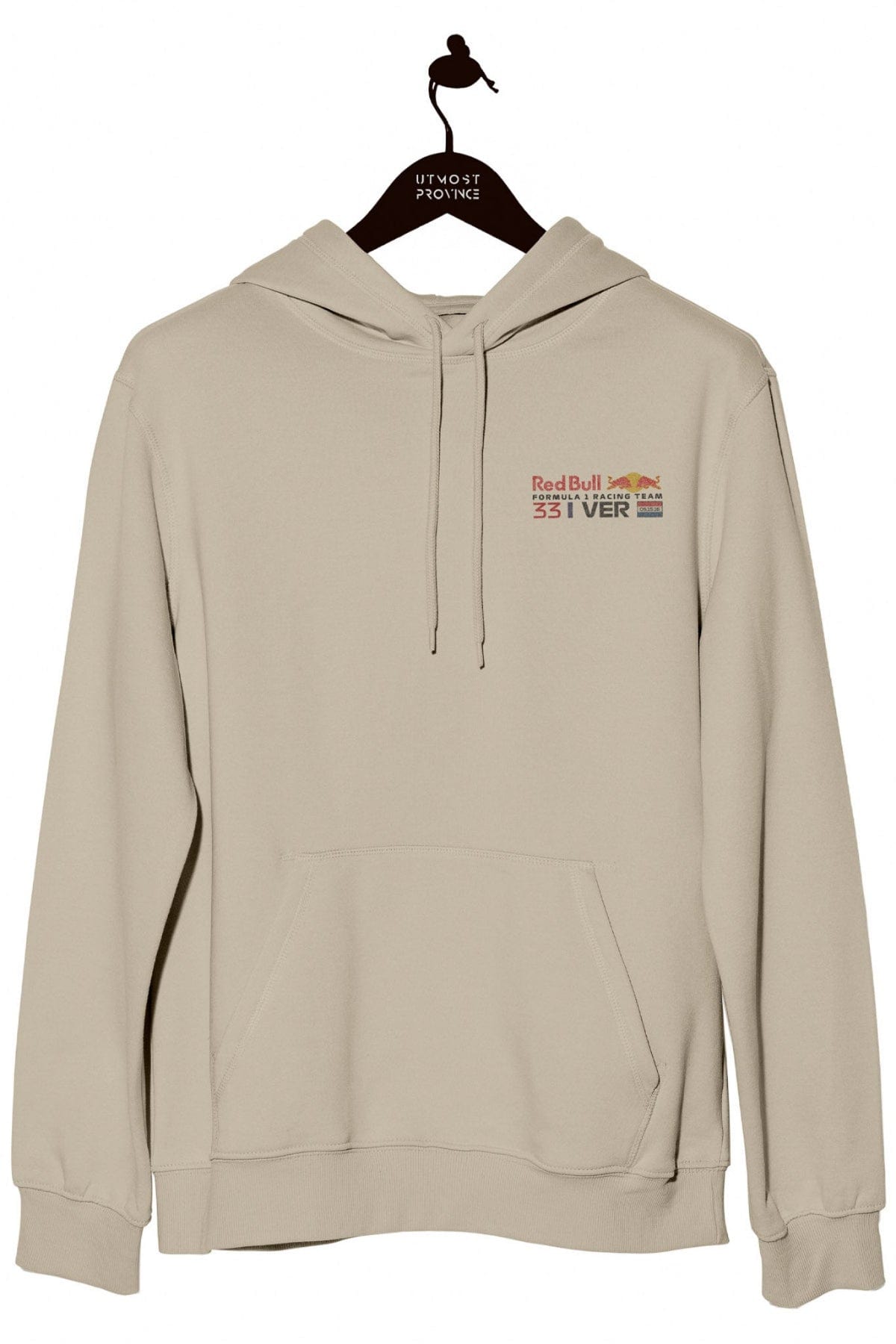 Front of a beige custom Red Bull Racing hoodie, featuring a custom logo designed by Utmost Province.