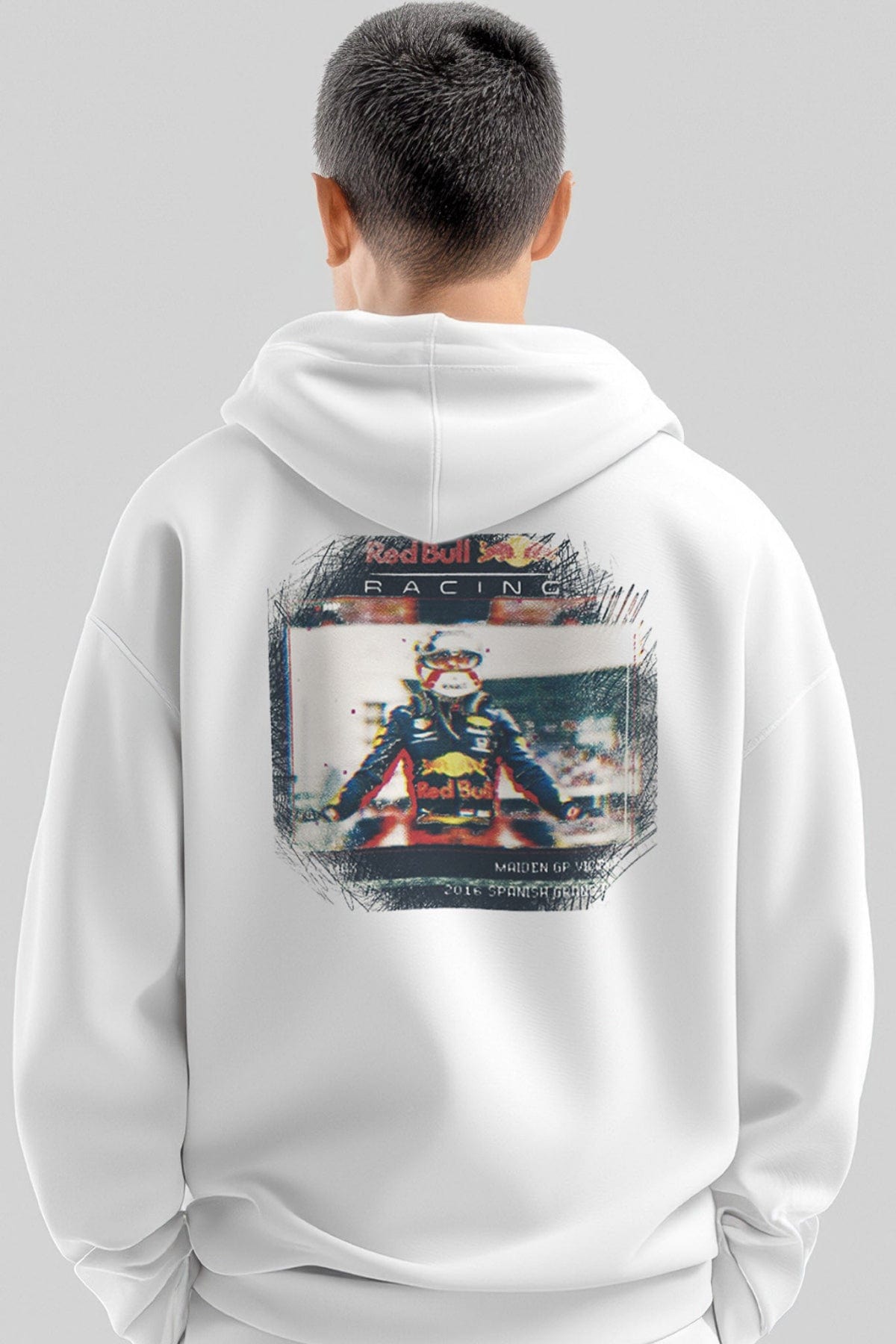 Person wearing Utmost Province's custom Red Bull F1 hoodie, showcasing the graphic design printed on the back of the hoodie.