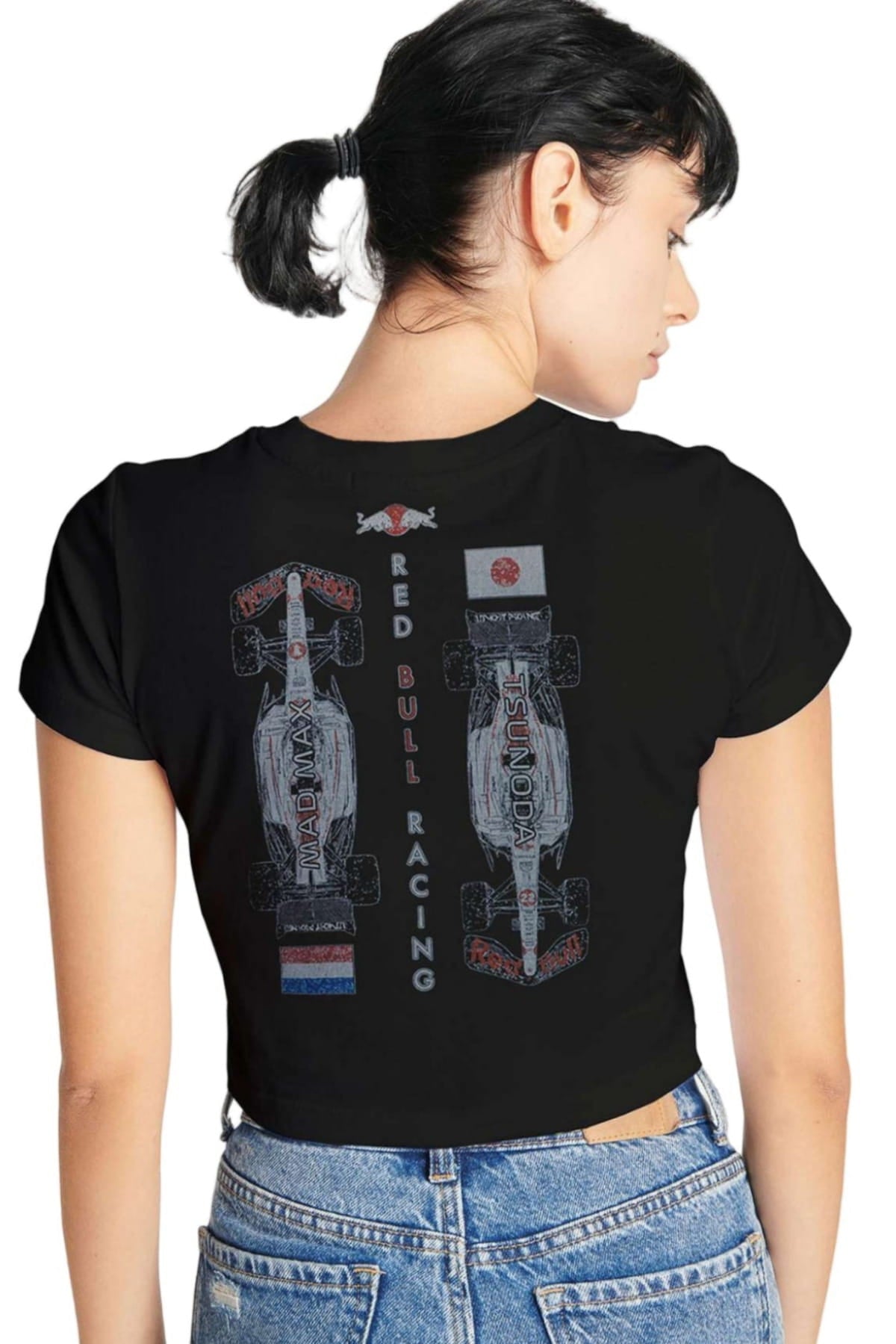 Woman wearing a black Red Bull Racing crop top made by Utmost Province®.