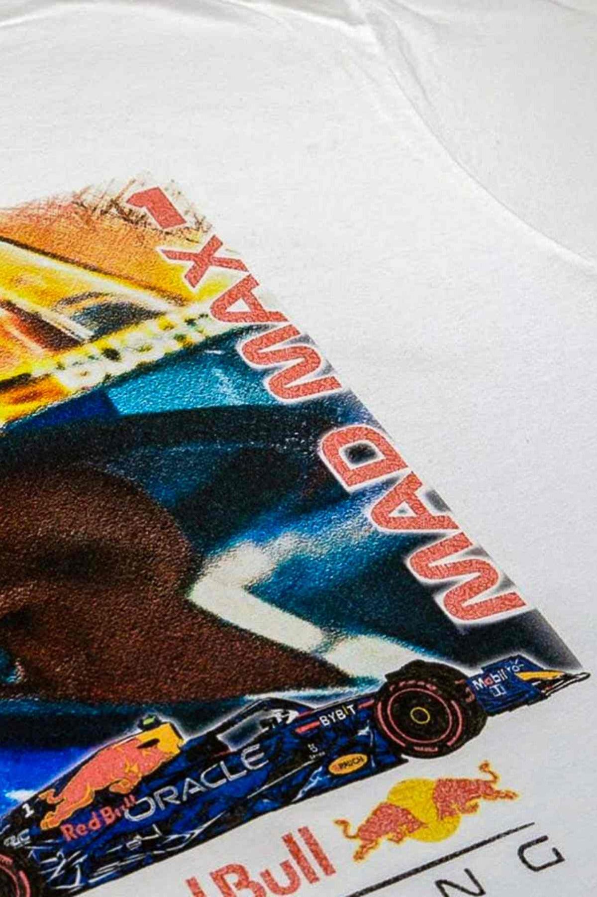 Utmost Province Red Bull F1 shirt laid flat on a table, highlight the graphic design on the back of the Red Bull racing merch.