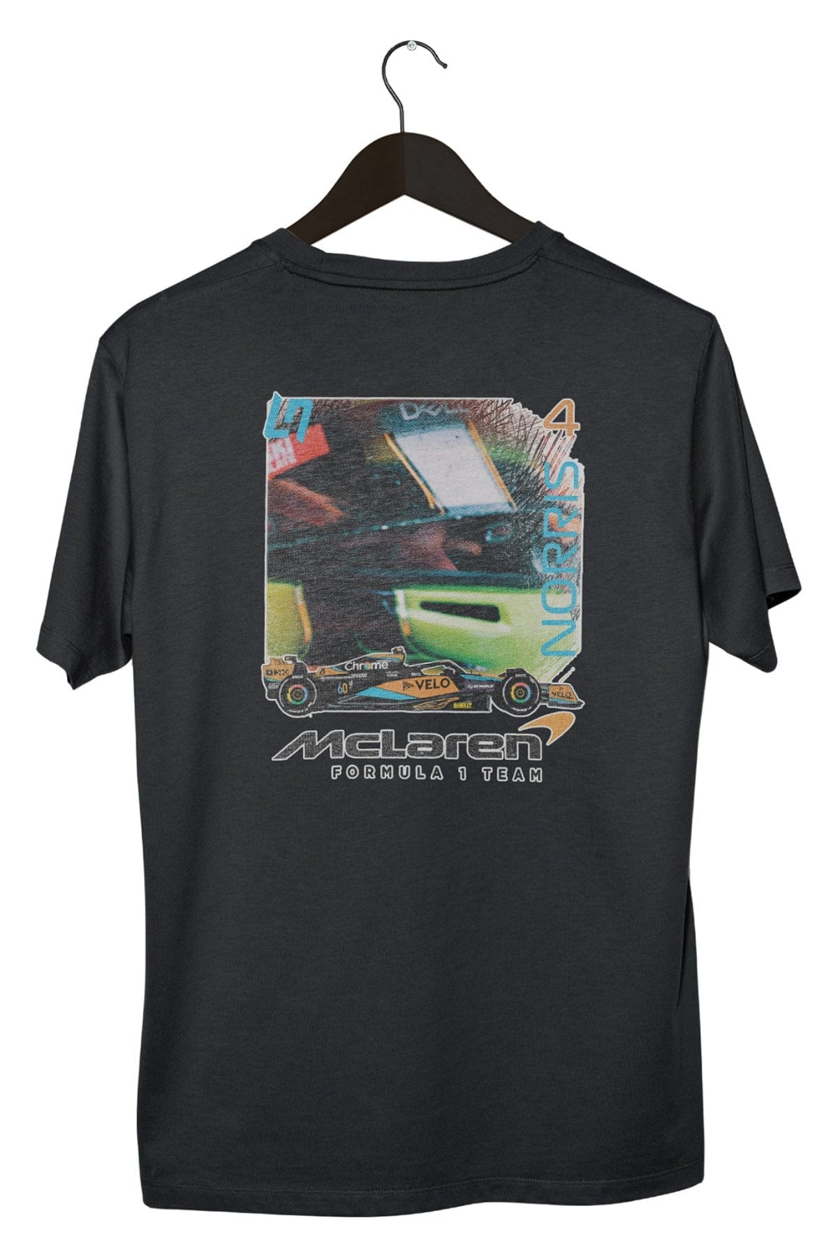 Black t-shirt with Utmost Province's custom Mclaren F1 graphic design printed on the back. 