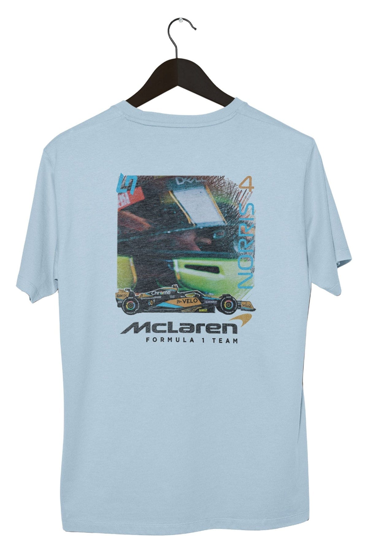 Retro Lando Norris shirt on a black hanger with a white background, highlighting the graphic design on the back. Printed DTG on a Chambray Comfort Colors shirt.