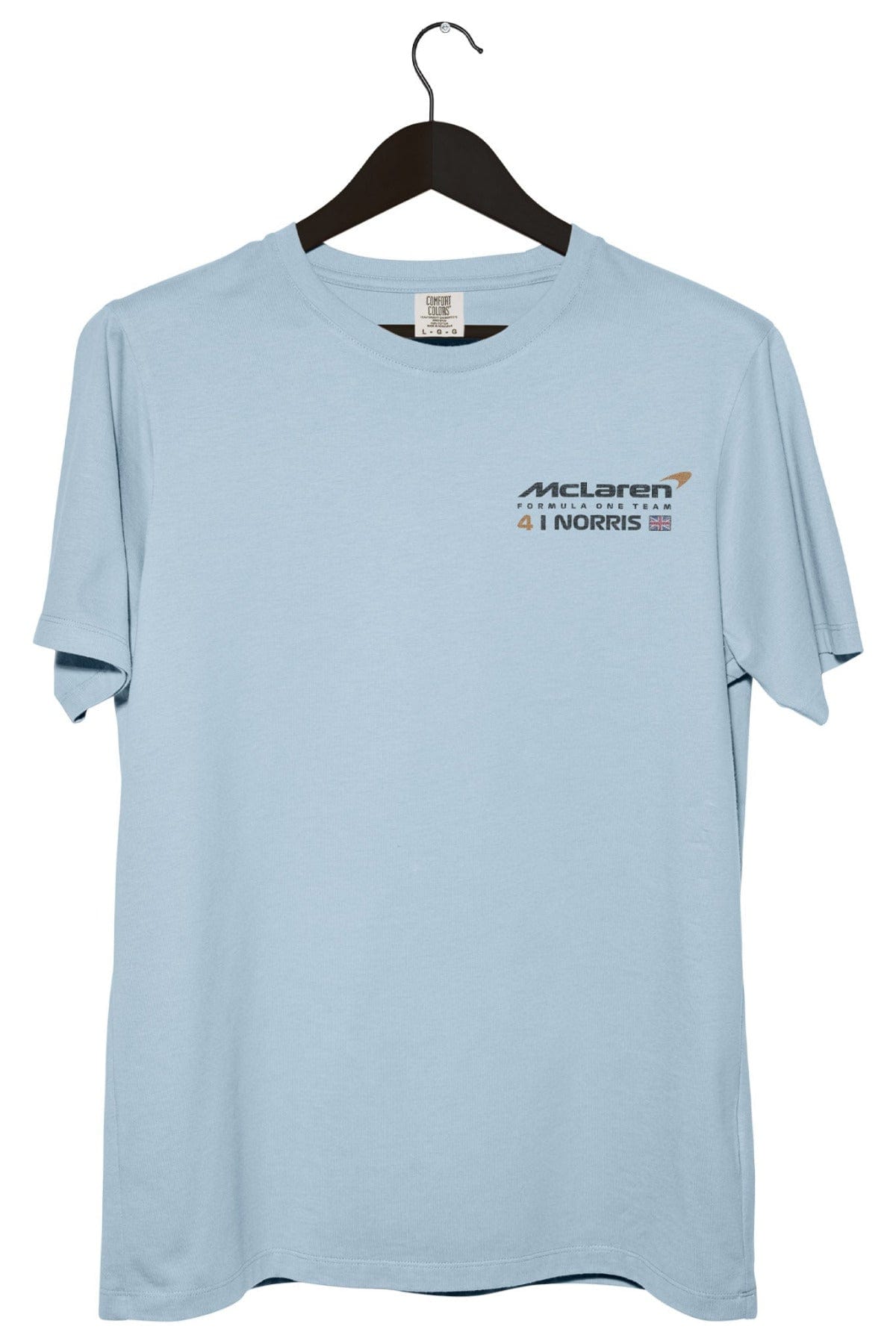 Front of a Chambray Comfort Colors shirt, highlighting the Utmost Province custom Mclaren logo.
