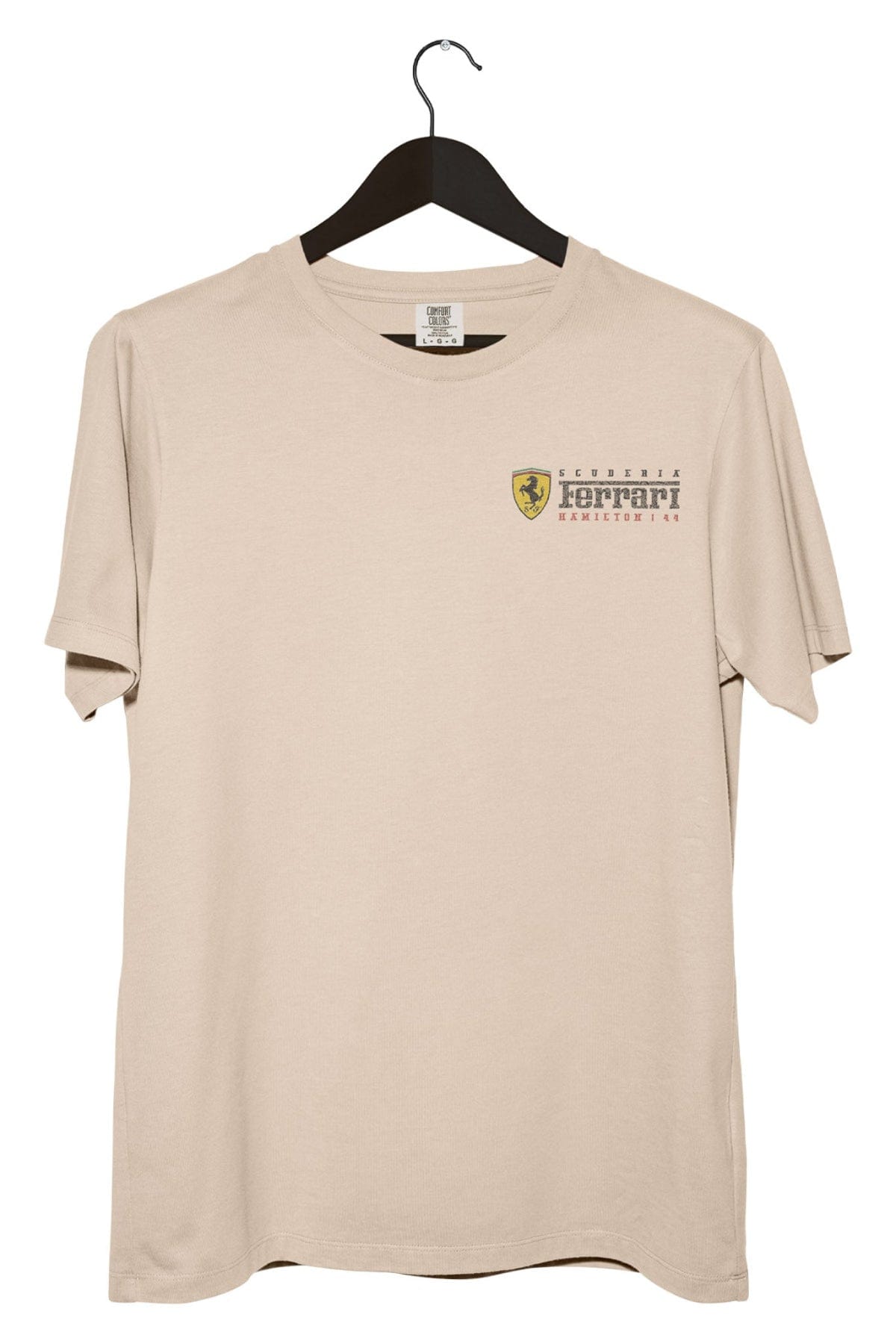 Ivory Comfort Colors shirt on a hanger with a custom Scuderia Ferrari inspired logo on the front.