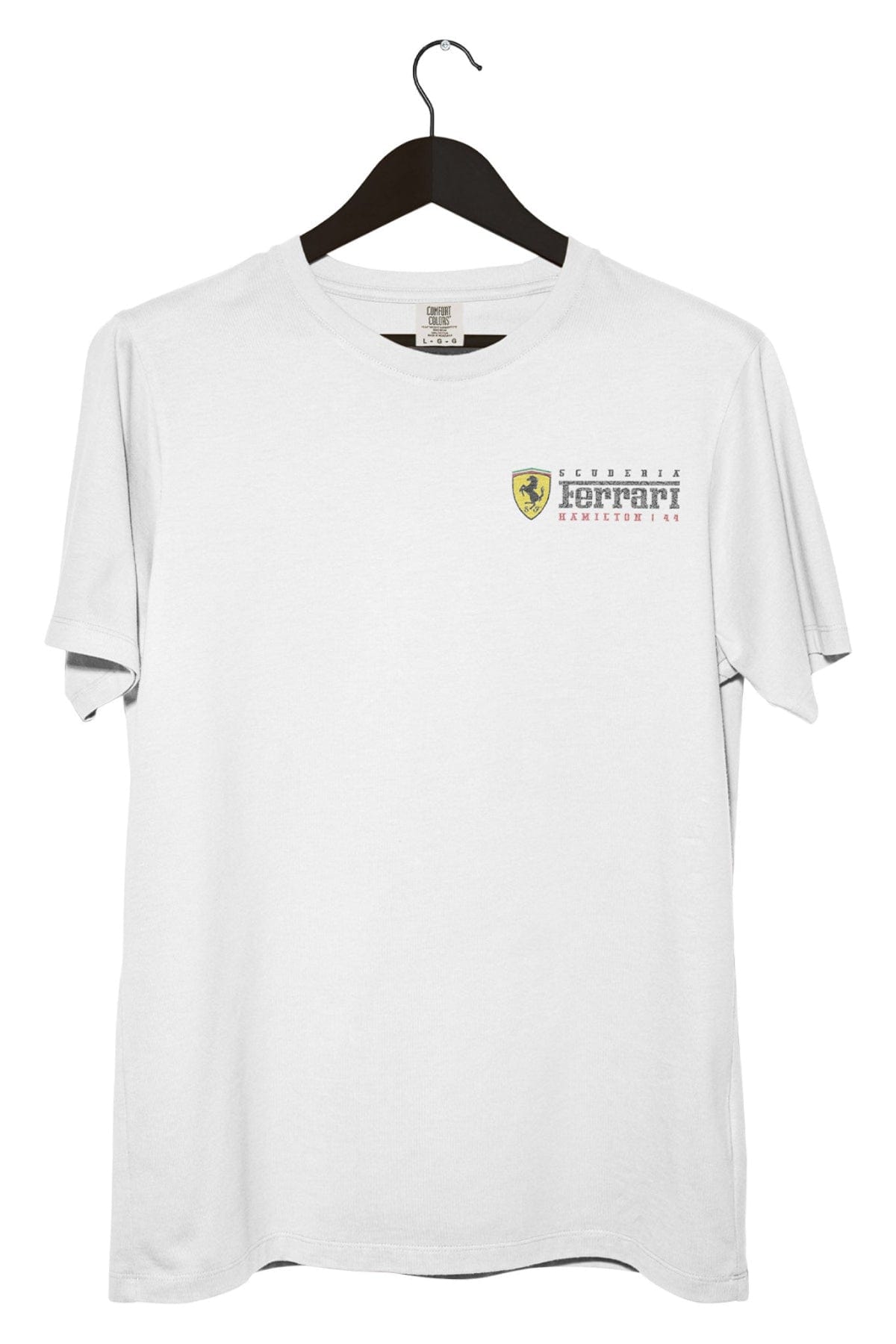 Front of a white Retro Lewis Hamilton Ferrari shirt.