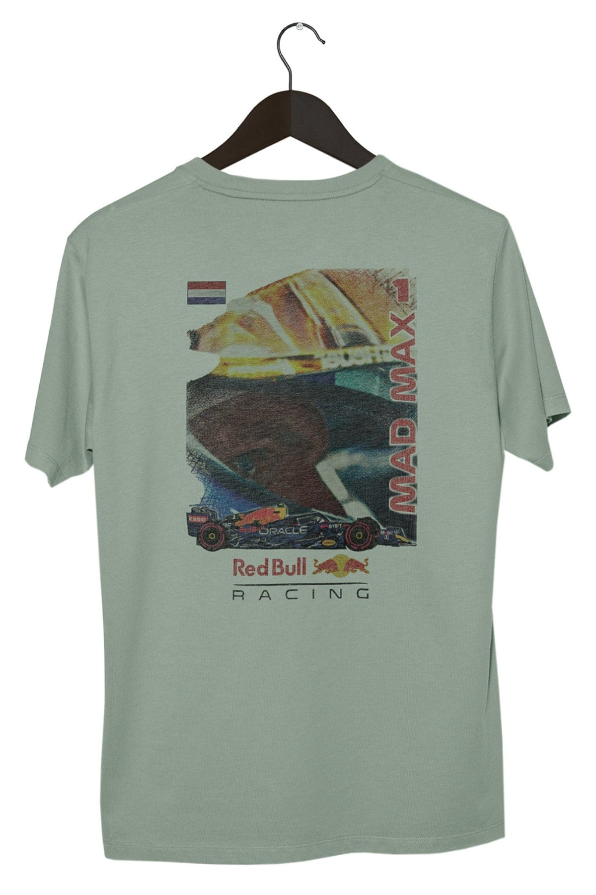 Retro Red Bull F1 T Shirt on a black hanger with a white background. Featuring a design printed DTG on a Bay Comfort Colors shirt.