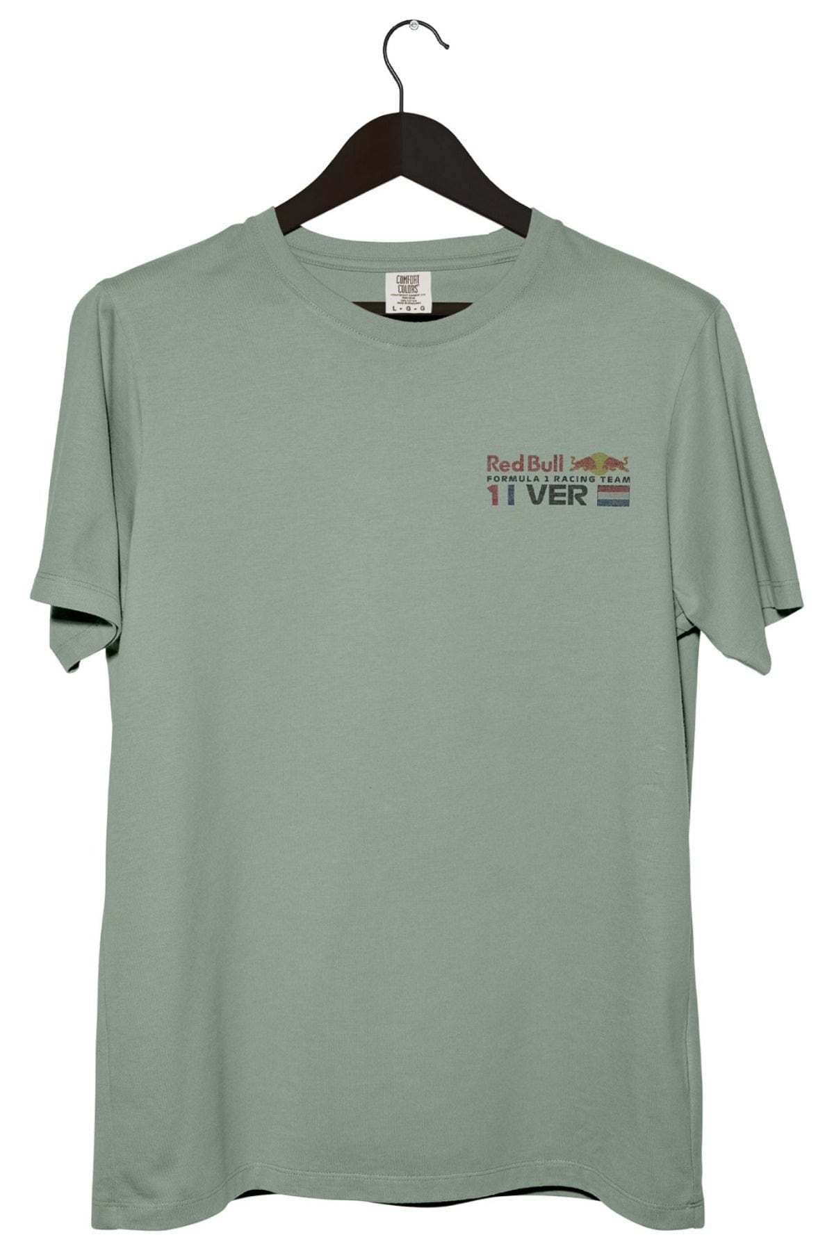 Front of a Bay colored Comfort Colors shirt with a custom Red Bull Racing inspired design on the front.