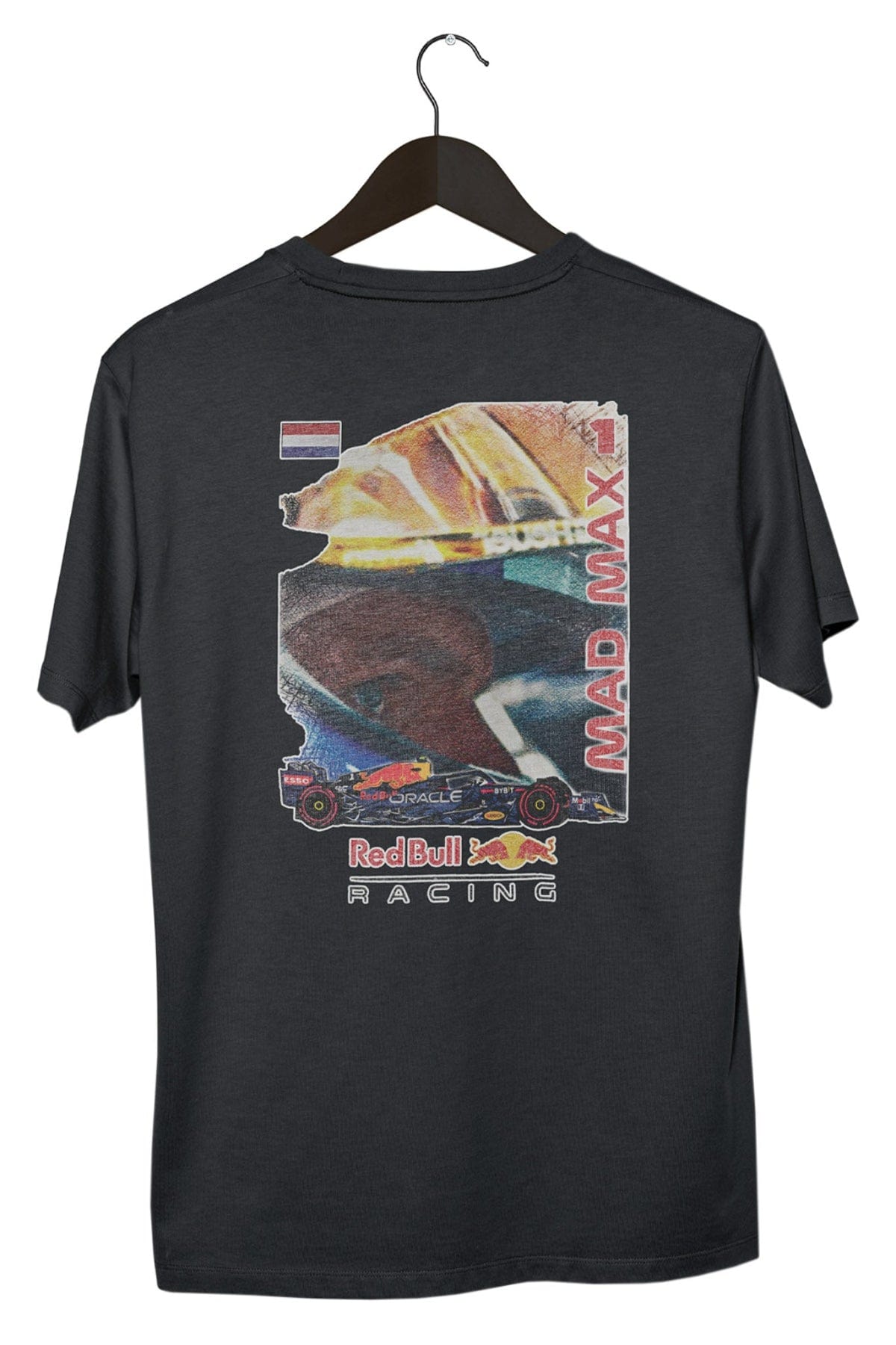 Retro Red Bull F1 T Shirt on a black hanger with a white background. Featuring a design printed DTG on a Black Comfort Colors shirt.