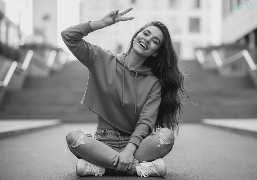 Model wearing a custom crop top hoodie sitting in the middle of the sidewalk, holding up a peace sign.