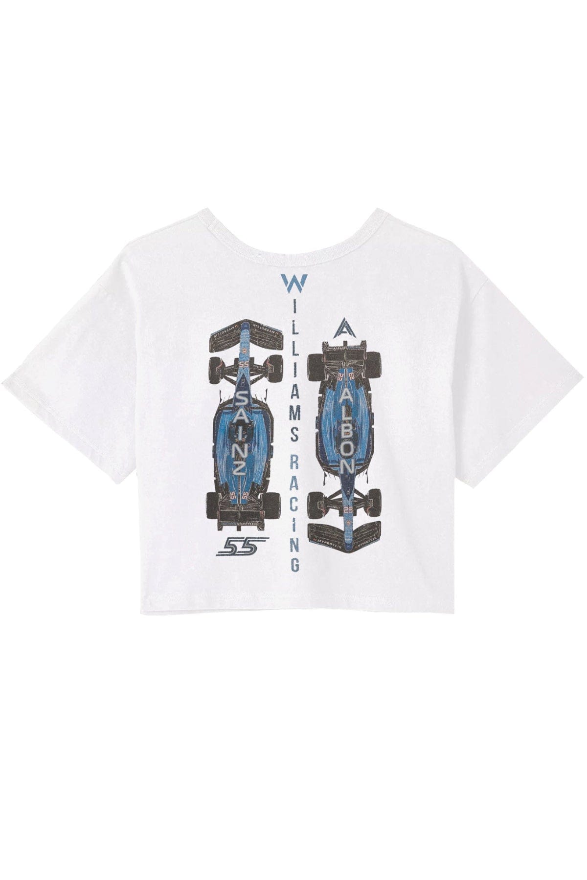 Back of a white cropped t shirt, featuring Utmost Province custom Williams Racing inspired graphic design.