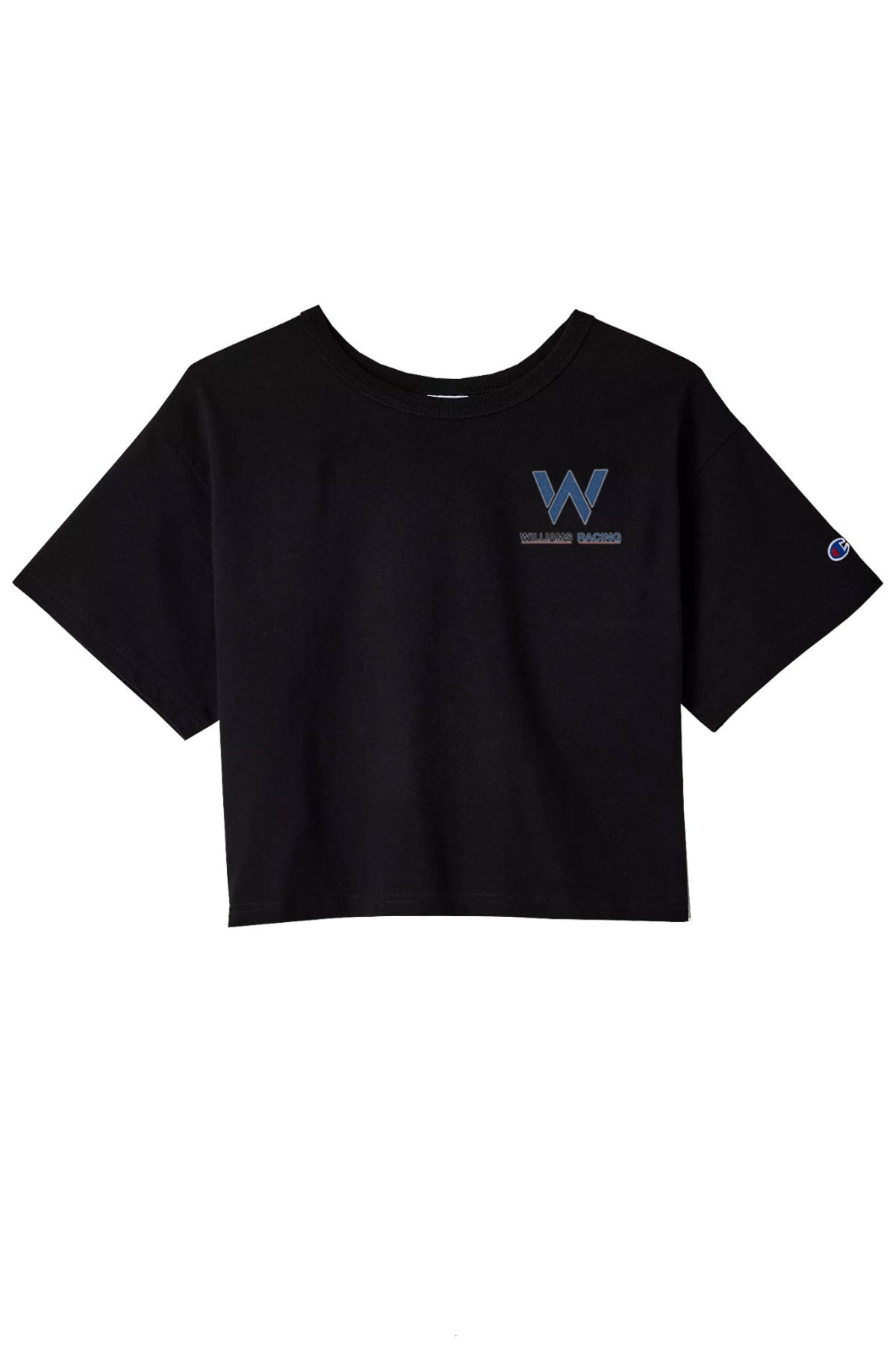Front of a black crop top, featuring Utmost Province custom Williams Racing graphic design.
