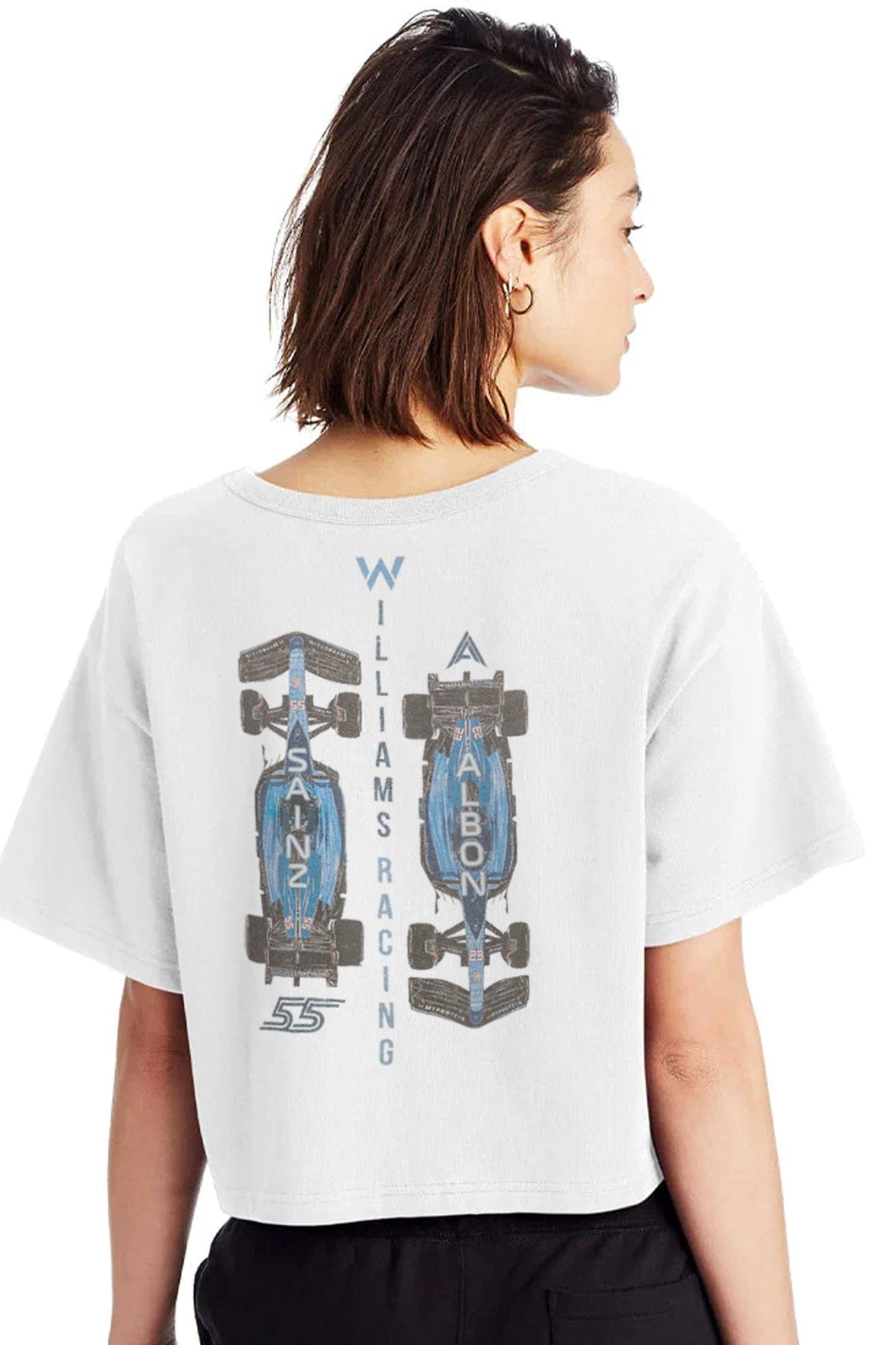 Person wearing a white cropped shirt, showcasing Utmost Province custom Williams Racing graphic design on the back.