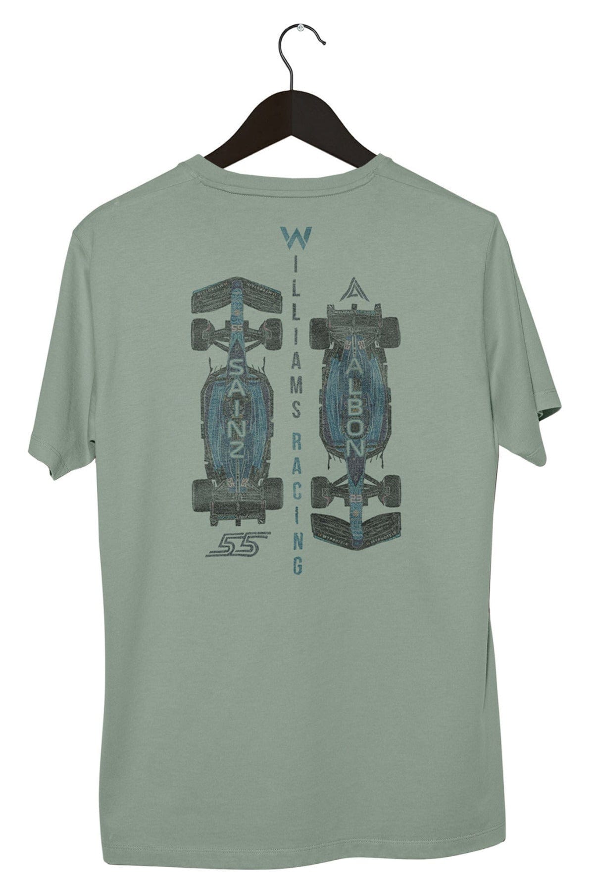 Back of a bay Comfort Colors shirt, featuring Utmost Province custom Williams F1 inspired graphic design.