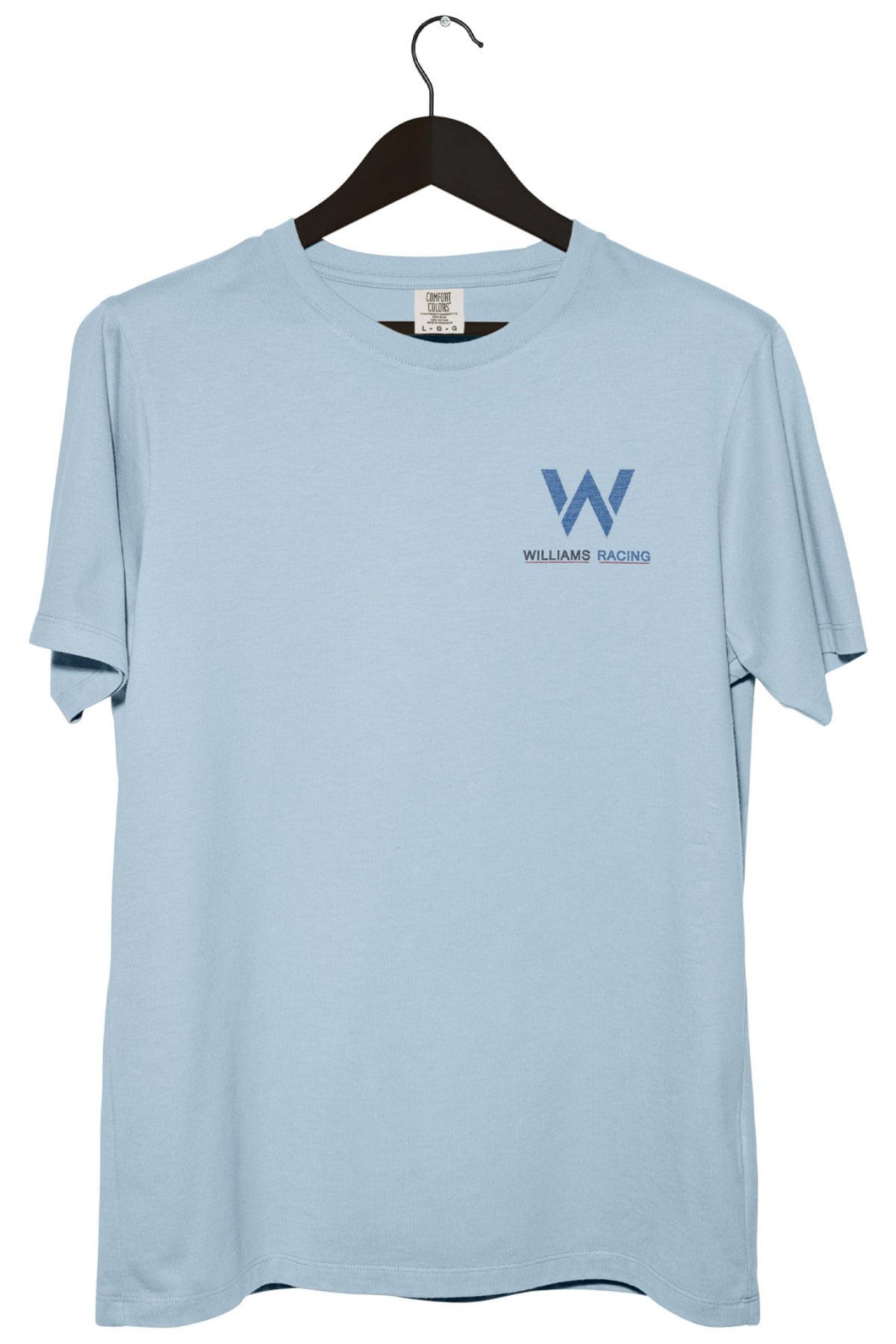 Front of a chambray colored Comfort Colors shirt with a custom F1 inspired graphic design.