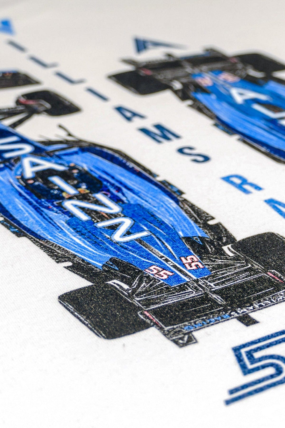 Close up of Utmost Province custom Williams Racing T Shirt, highlighting the graphic design on the back.