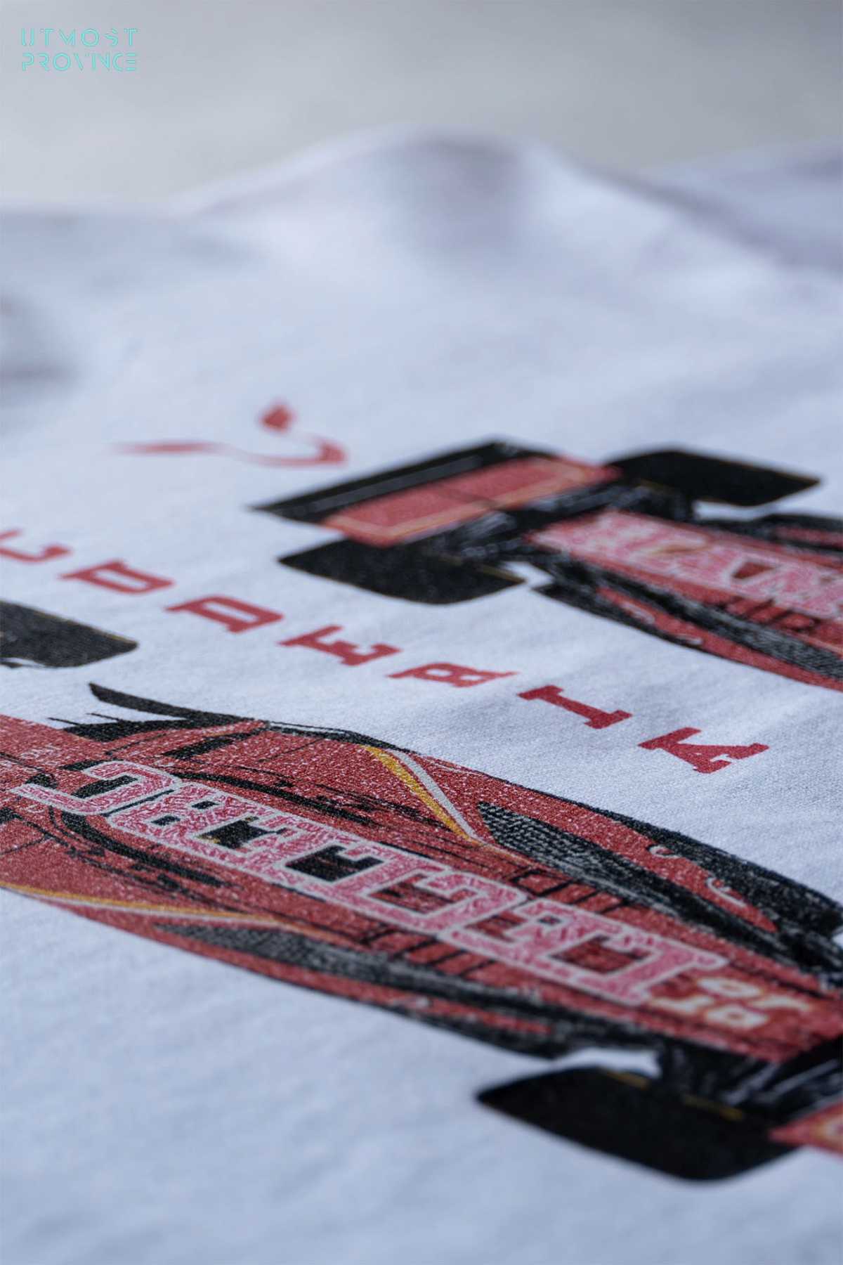 Women's crop top shirt laid flat on a table, highlighting the graphic design on the back of the custom Ferrari crop top.