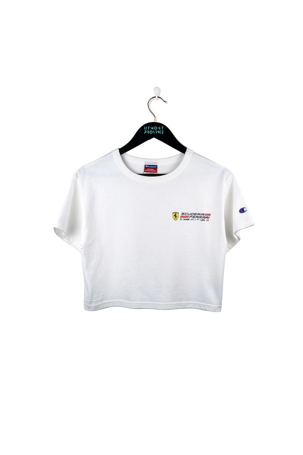 Custom Ferrari crop top shirt on a hanger.