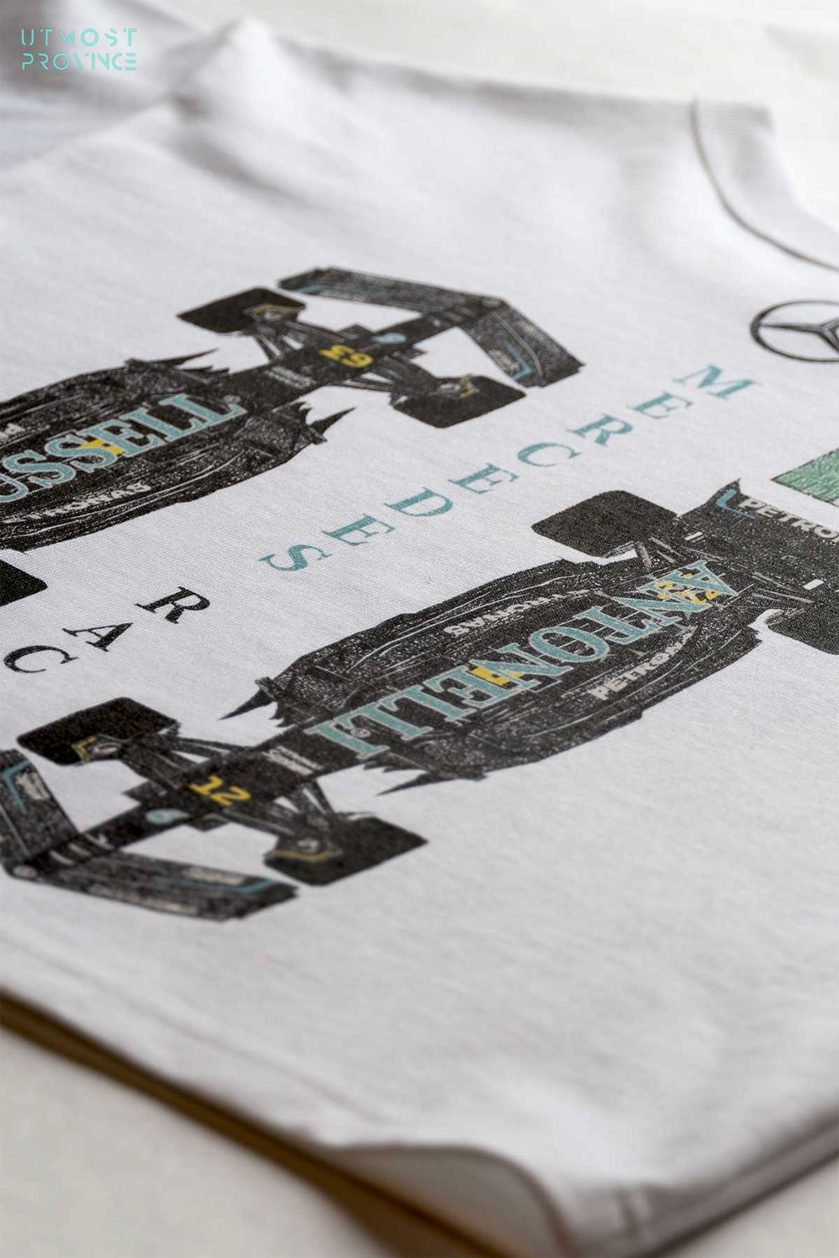 Utmost Province women's Mercedes F1 team crop top shirt, highlighting the graphic design on the back of the cropped t-shirt.