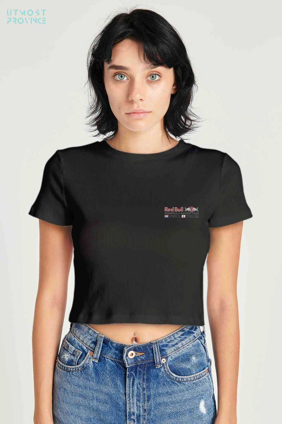 Model wearing Utmost Province Red Bull Racing crop top shirt, showcasing the graphic design on the front of the shirt.