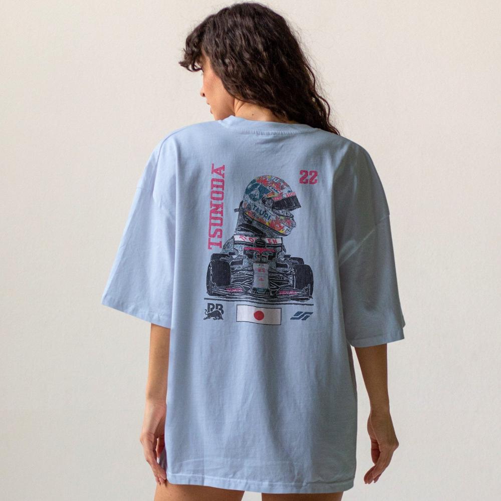 Custom Yuki Tsunoda merch featuring a text college graphic design, presented by a Formula 1 fan, showcasing the back of the F1-inspired racing graphic tee.